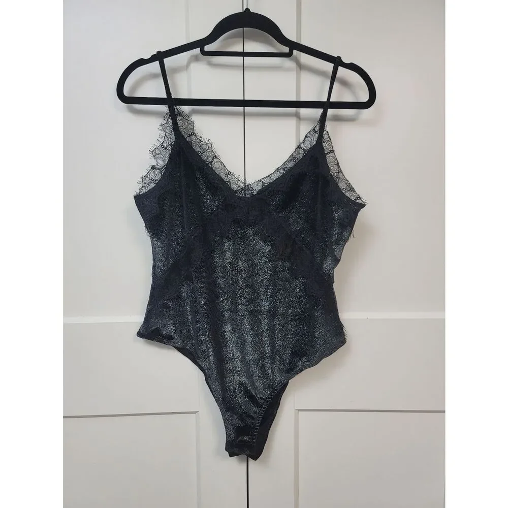 Topshop Black Shimmer Velvet & Lace Trim Bodysuit - Strappy V-Neck Size 12
